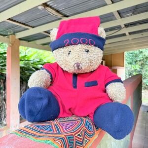 Vintage Snuggle Toy Y2K Bear Plush Red & Navy Pajamas 2000 90s Stuffed Animal